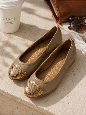 Sam Edelman Leather Ballet Flats Gold Cap Toe Tan Size 5.5